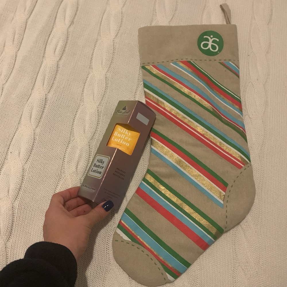 Arbonne Holiday Striped Rustic Stocking with Body Butter stocking stuffer